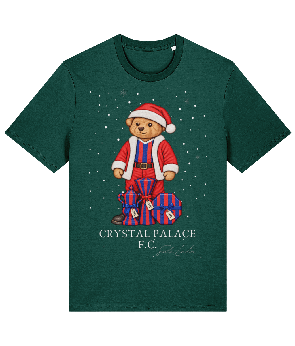 Selby the Bear at Christmas printed Crystal Palace cotton tee in Glazed Green, Legends in Thread