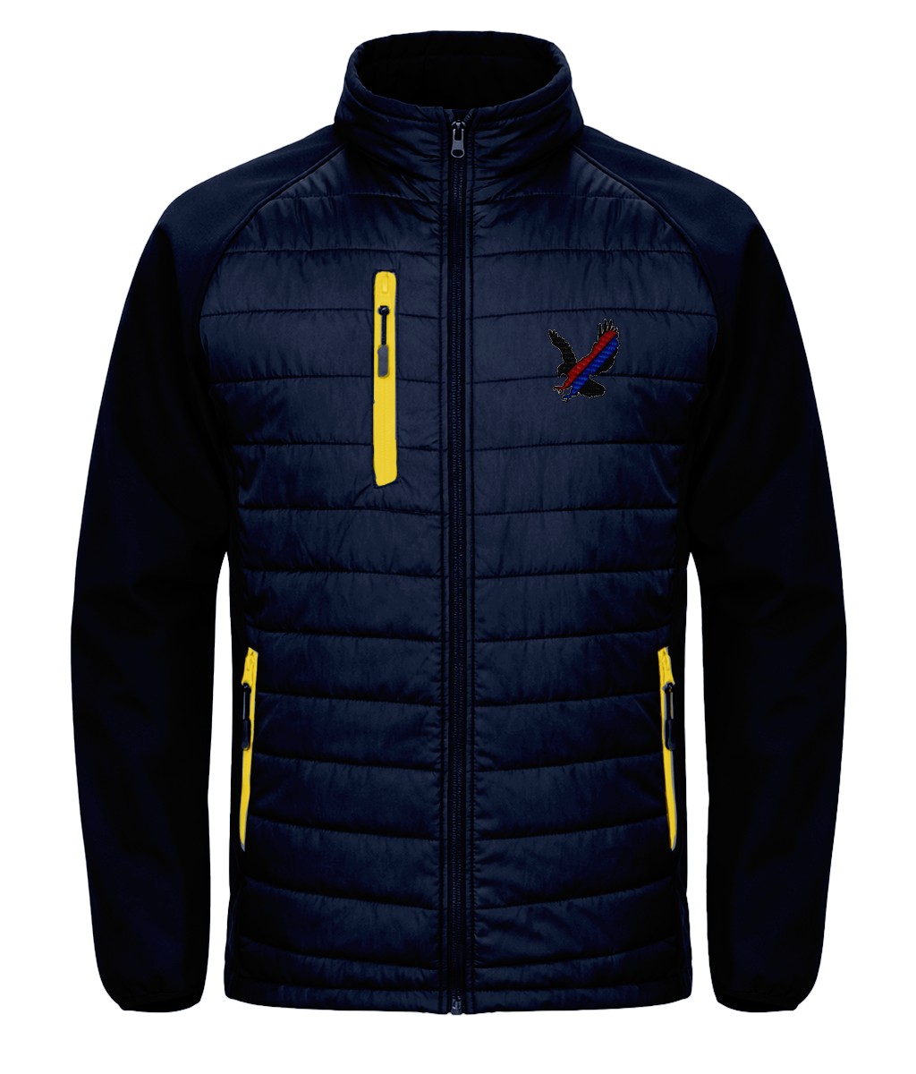 Red and Blue Sash Eagle embroidered Crystal Palace softshell padded jacket in Navy/Yellow, Legends in Thread