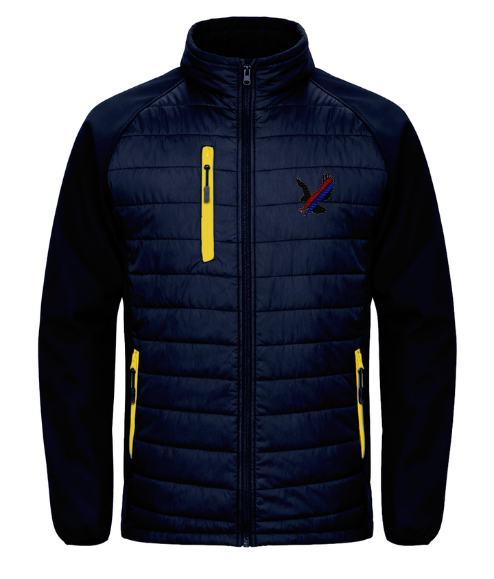 Red and Blue Sash Eagle embroidered Crystal Palace softshell padded jacket in Navy/Yellow, Legends in Thread