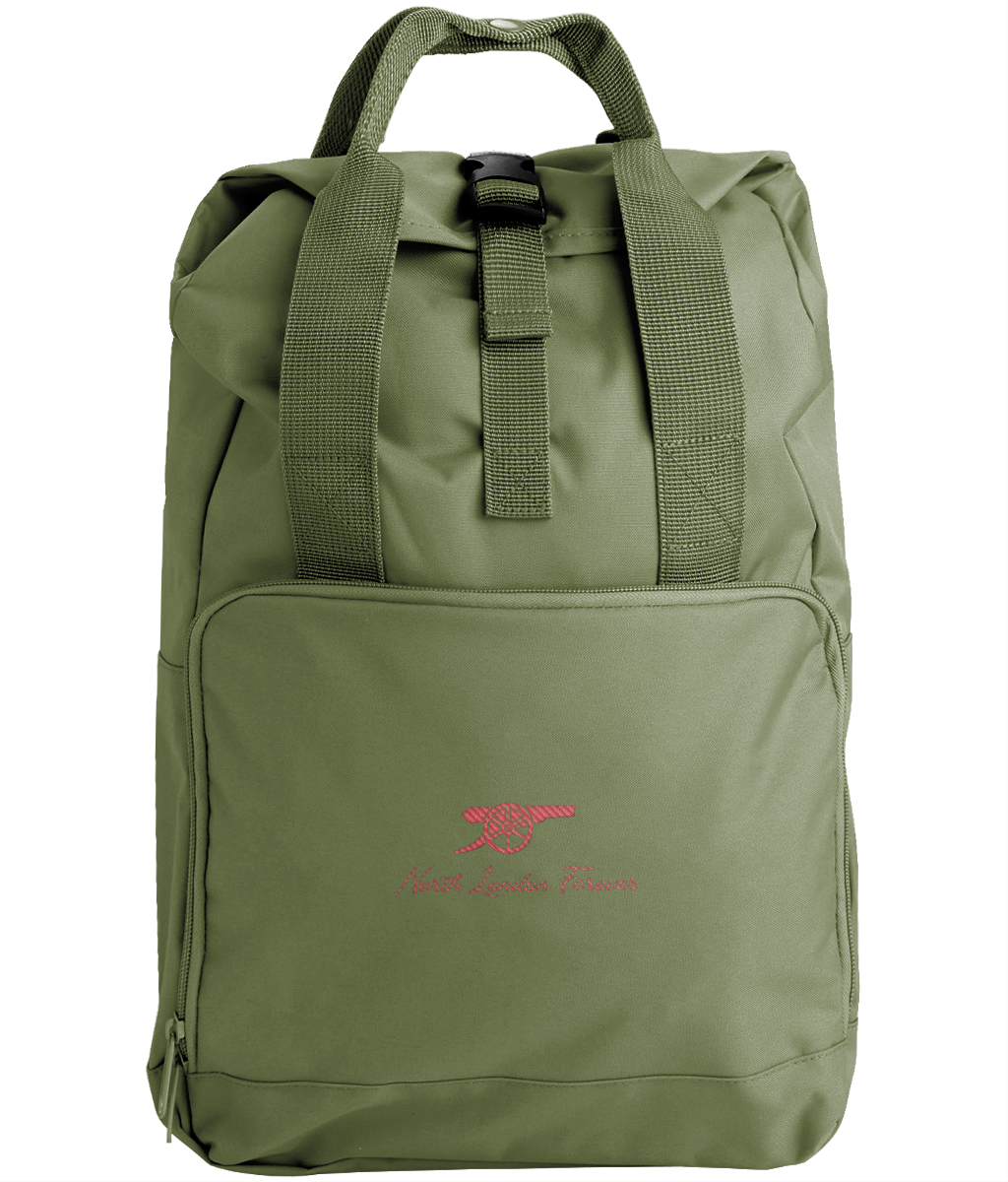 North London Forever embroidered Arsenal roll-top backpack in Olive Green, Legends in Thread