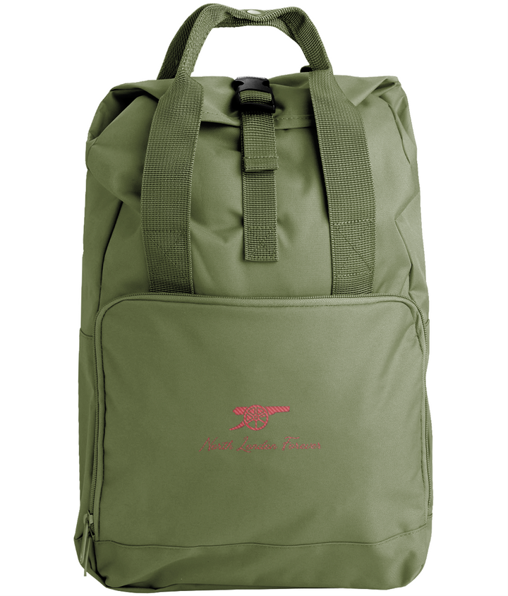 North London Forever embroidered Arsenal roll-top backpack in Olive Green, Legends in Thread