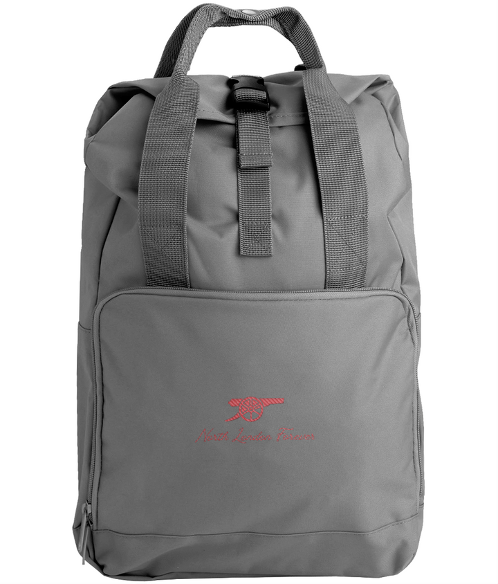North London Forever embroidered Arsenal roll-top backpack in Graphite Grey, Legends in Thread