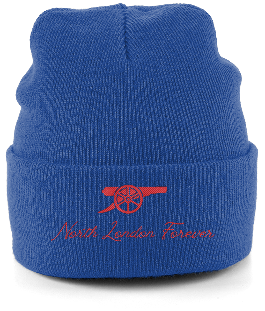 North London Forever embroidered Arsenal beanie in Bright Royal, Legends in Thread