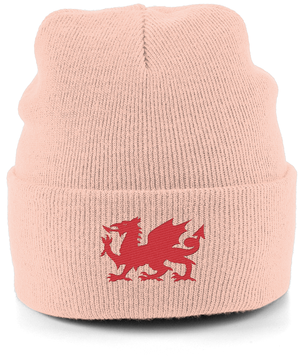 Wrexham Welsh Dragon embroidered Wrexham beanie in Peach, Legends in Thread