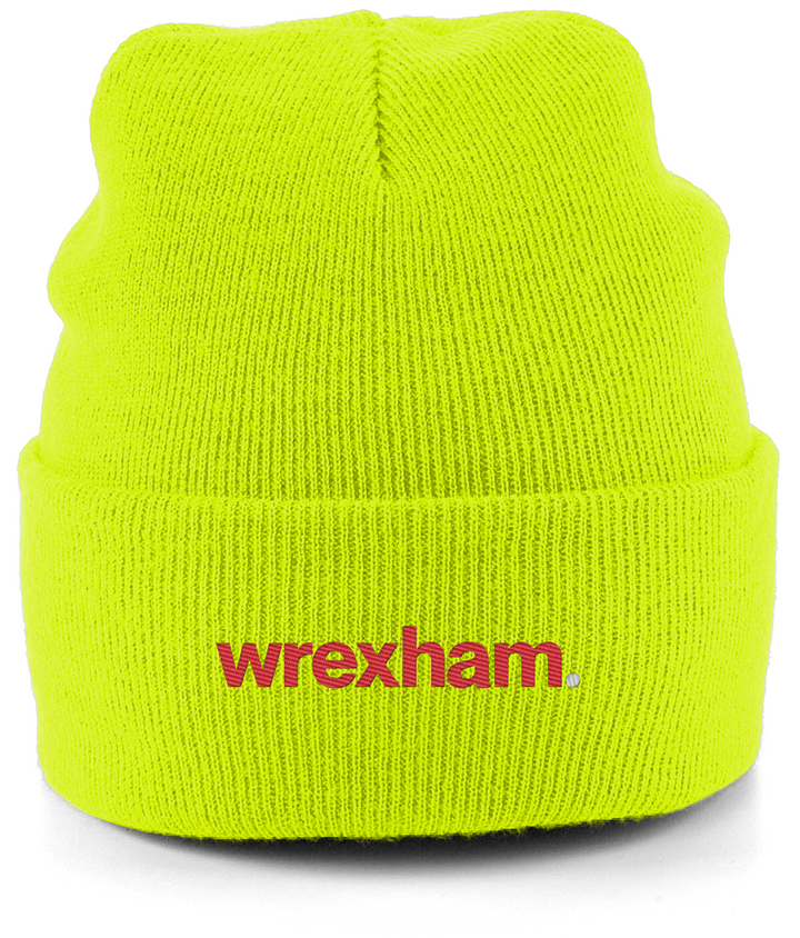 wrexham. embroidered Wrexham beanie in Fluorescent Yellow, Legends in Thread