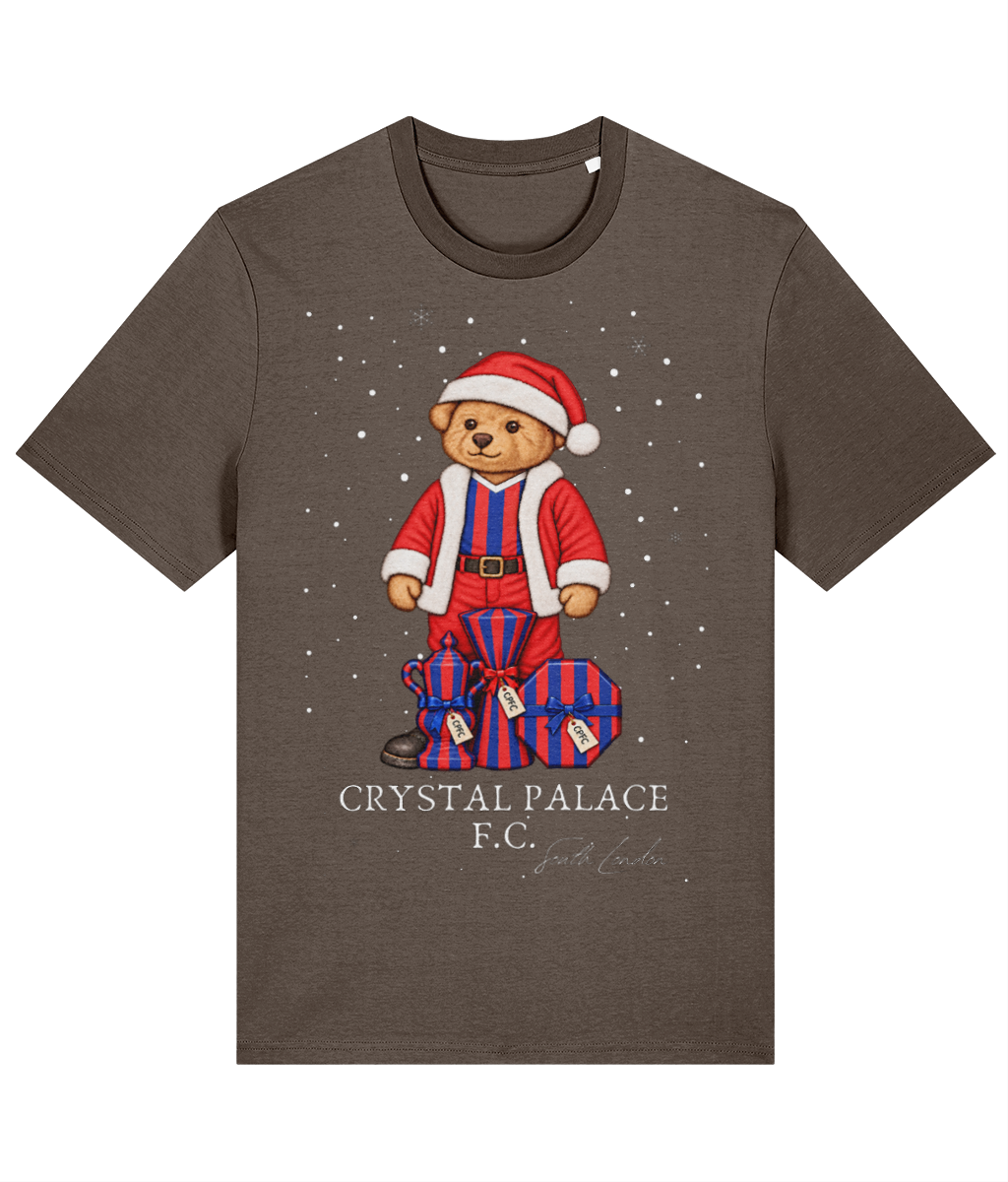 Selby the Bear at Christmas printed Crystal Palace cotton tee in Mocha, Legends in Thread