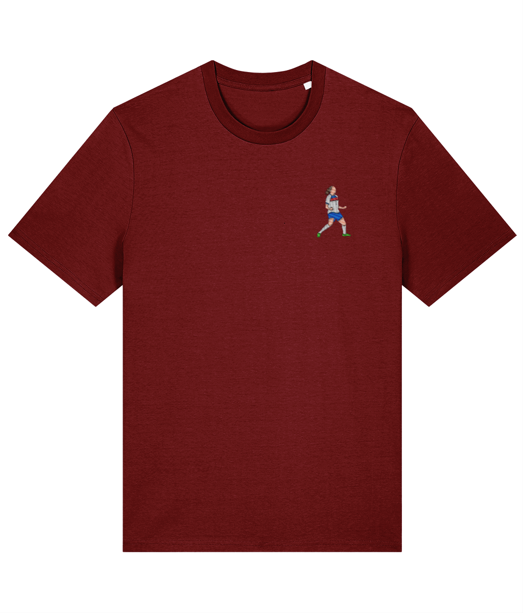 Lucy Bronze Celebration embroidered England Lionesses cotton tee in Burgundy, Legends in Thread