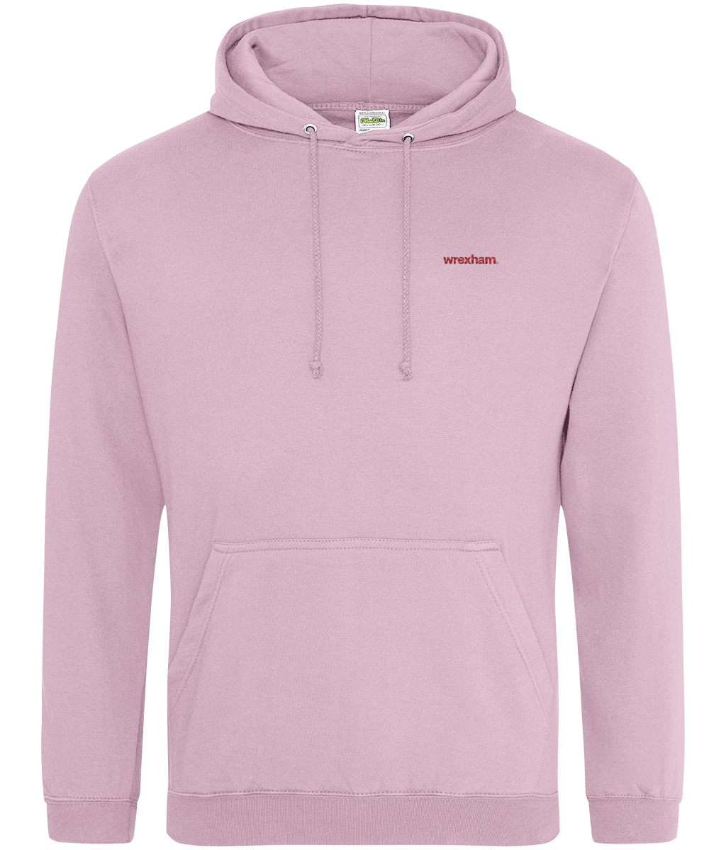 wrexham. embroidered Wrexham hoodie in Baby Pink, Legends in Thread