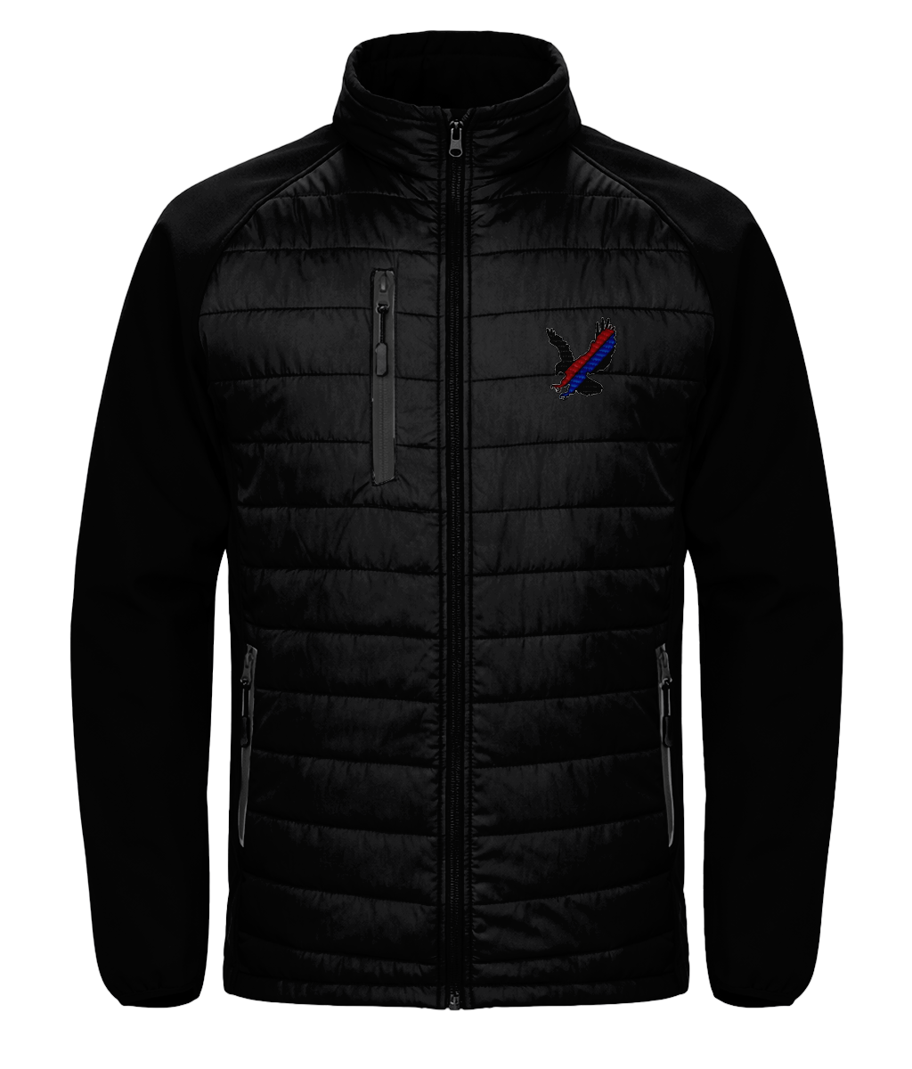 Red and Blue Sash Eagle embroidered Crystal Palace softshell padded jacket in Black/Black, Legends in Thread