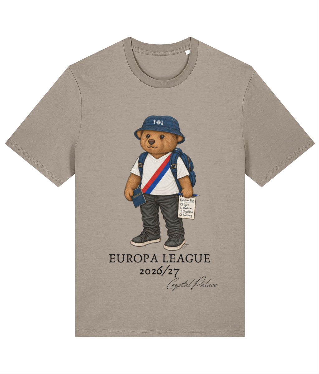Selby the Bear Europa Tour printed Crystal Palace cotton tee in Desert Dust, Legends in Thread