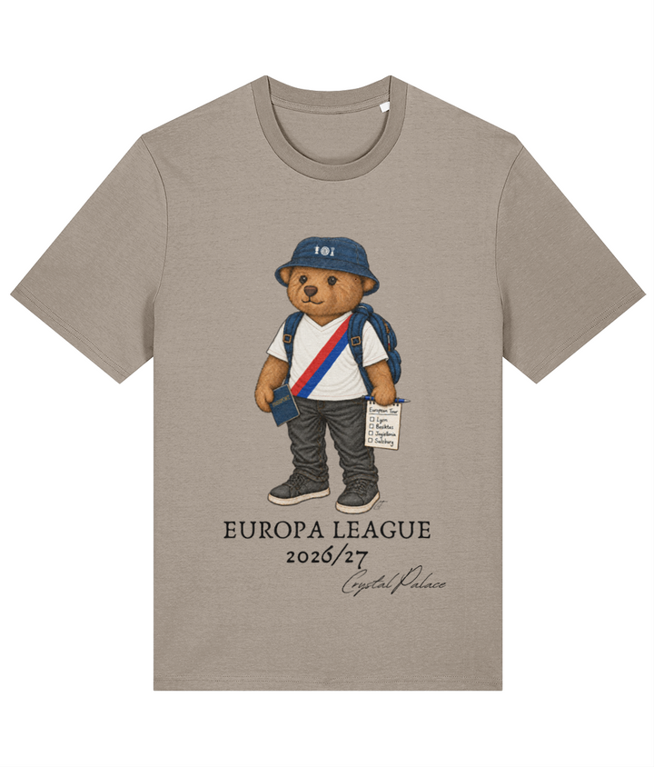 Selby the Bear Europa Tour printed Crystal Palace cotton tee in Desert Dust, Legends in Thread