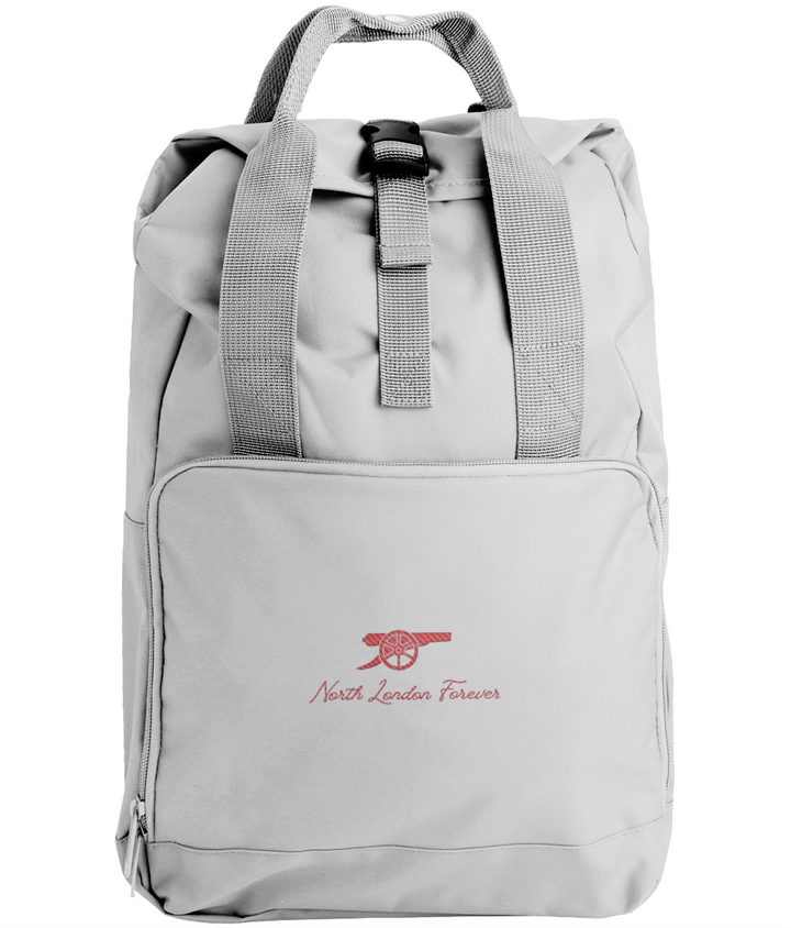 North London Forever embroidered Arsenal roll-top backpack in Light Grey, Legends in Thread