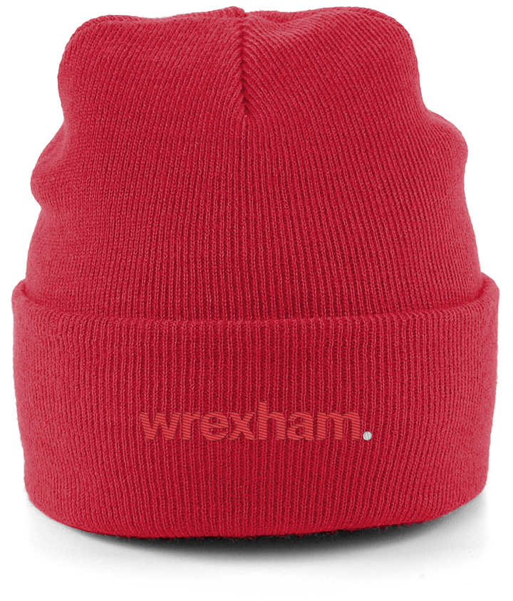 wrexham. embroidered Wrexham beanie in Classic Red, Legends in Thread