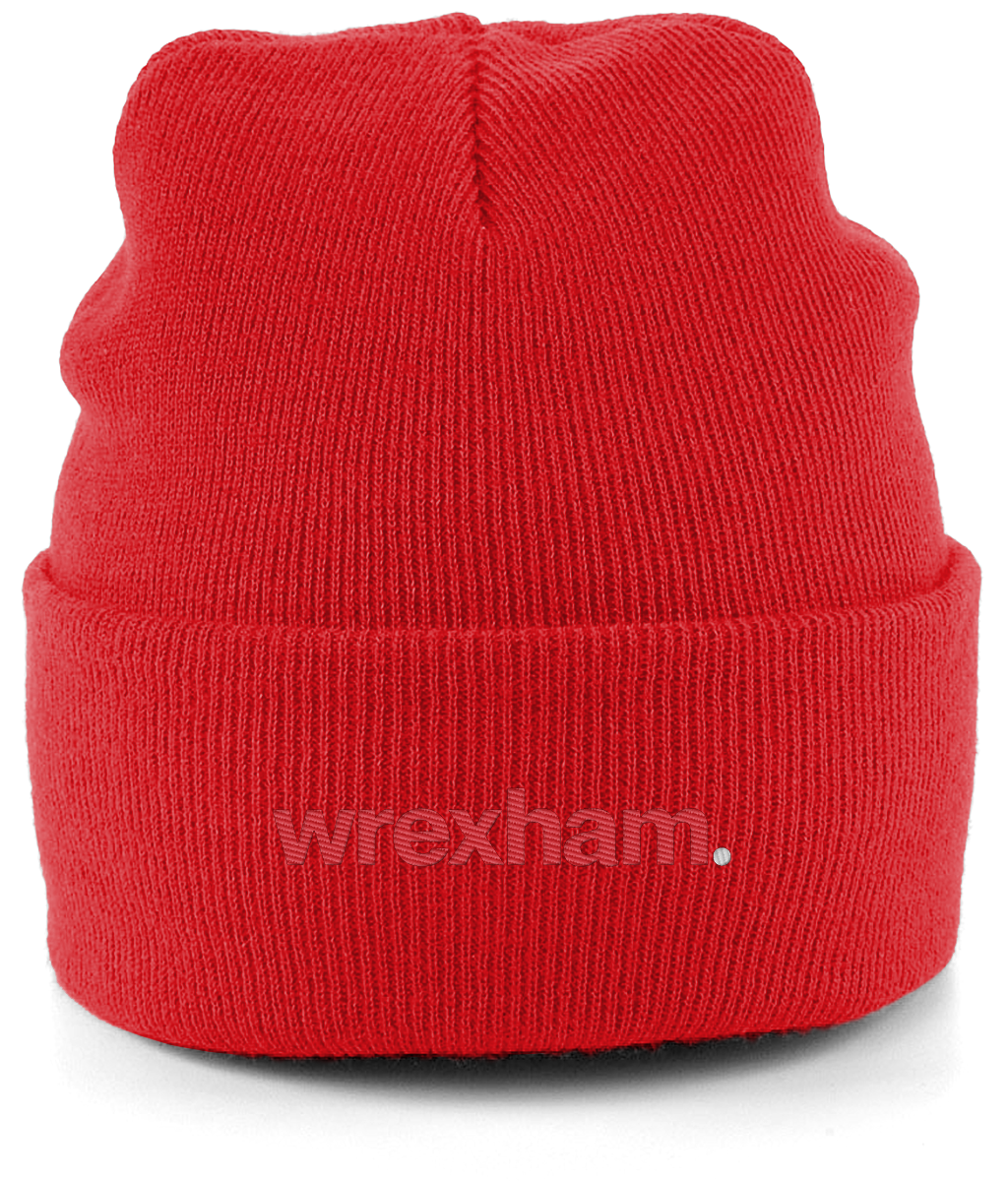wrexham. embroidered Wrexham beanie in Fire Red, Legends in Thread