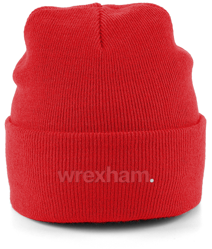 wrexham. embroidered Wrexham beanie in Fire Red, Legends in Thread