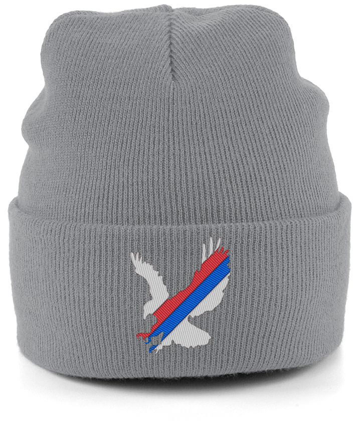 White Eagle Sash embroidered Crystal Palace beanie in Antique Grey, Legends in Thread
