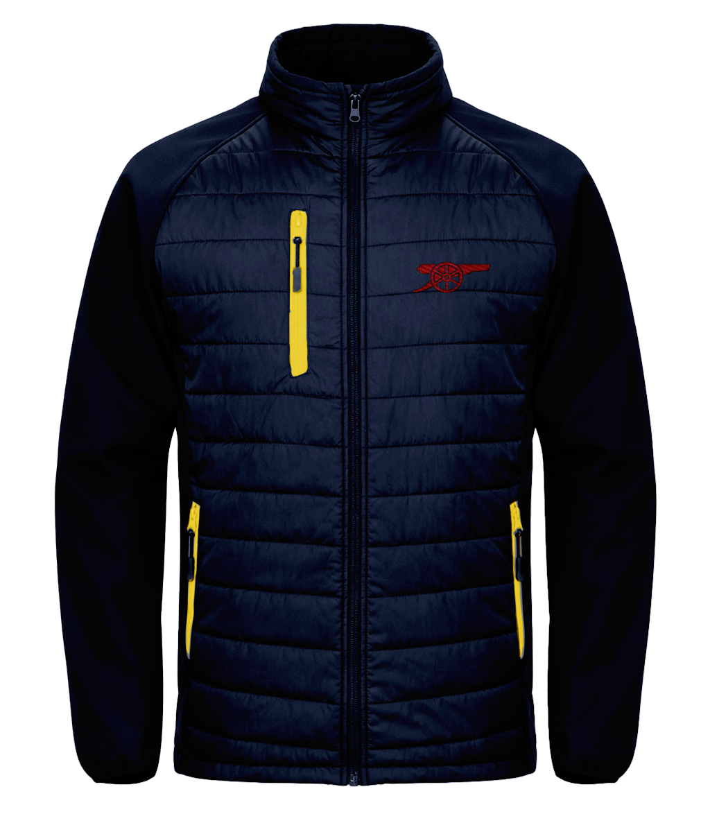 Arsenal Cannon embroidered Arsenal softshell padded jacket in Navy/Yellow, Legends in Thread