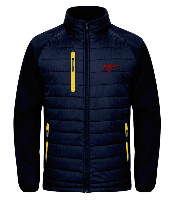 Arsenal Cannon embroidered Arsenal softshell padded jacket in Navy/Yellow, Legends in Thread