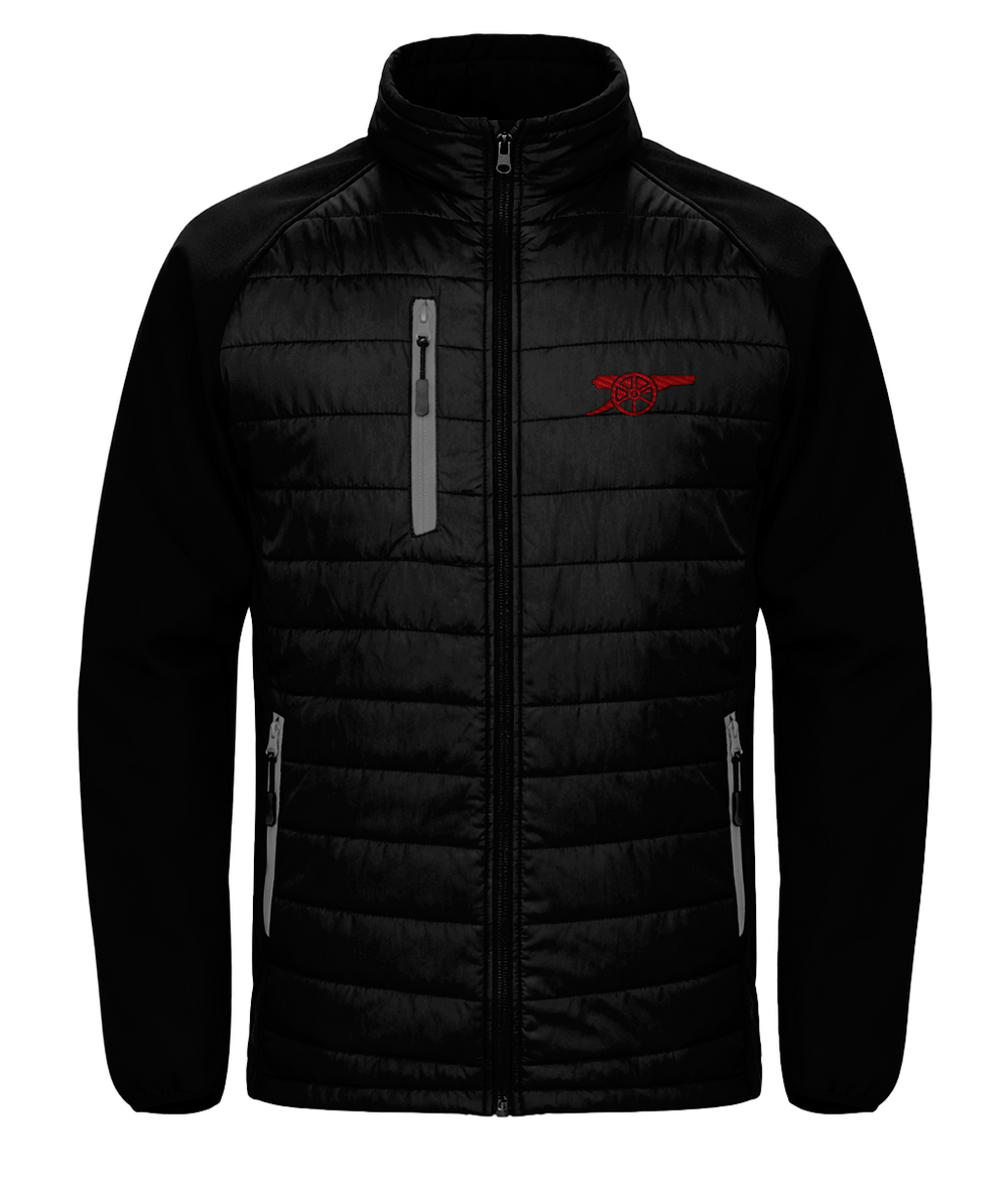Arsenal Cannon embroidered Arsenal softshell padded jacket in Black/Grey, Legends in Thread
