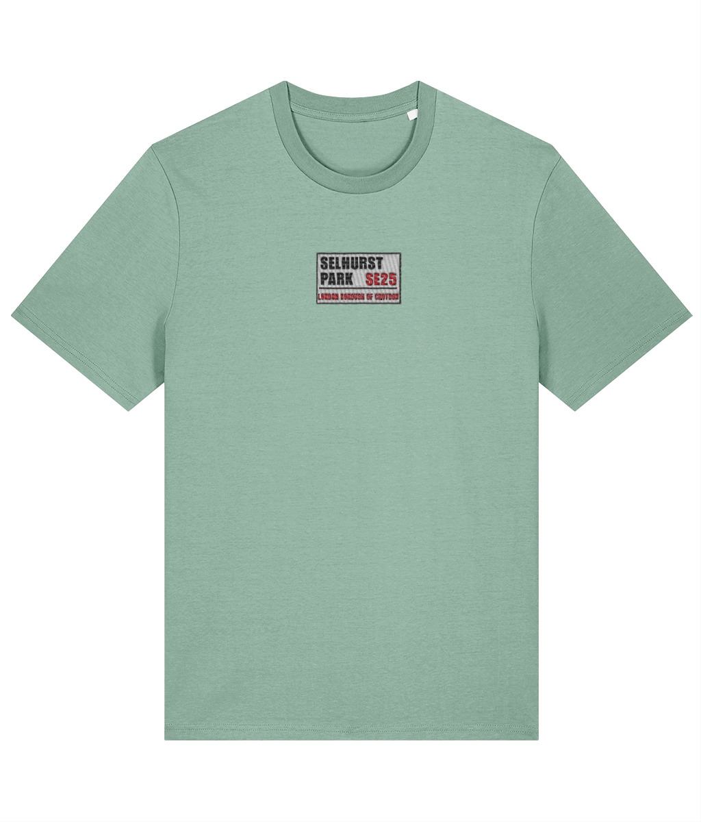 Selhurst Park SE25 Badge embroidered Crystal Palace cotton tee in Aloe, Legends in Thread