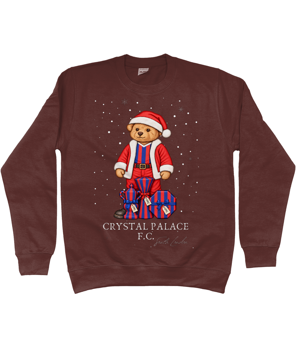 Selby the Bear at Christmas printed Crystal Palace sweatshirt in Chocolate Fudge Brownie, Legends in Thread