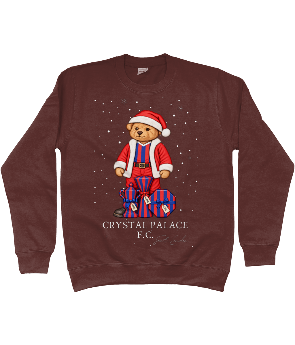 Selby the Bear at Christmas printed Crystal Palace sweatshirt in Chocolate Fudge Brownie, Legends in Thread