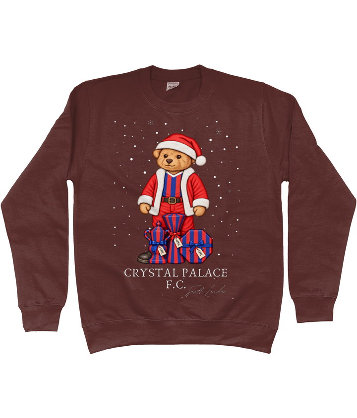 Selby the Bear at Christmas printed Crystal Palace sweatshirt in Chocolate Fudge Brownie, Legends in Thread