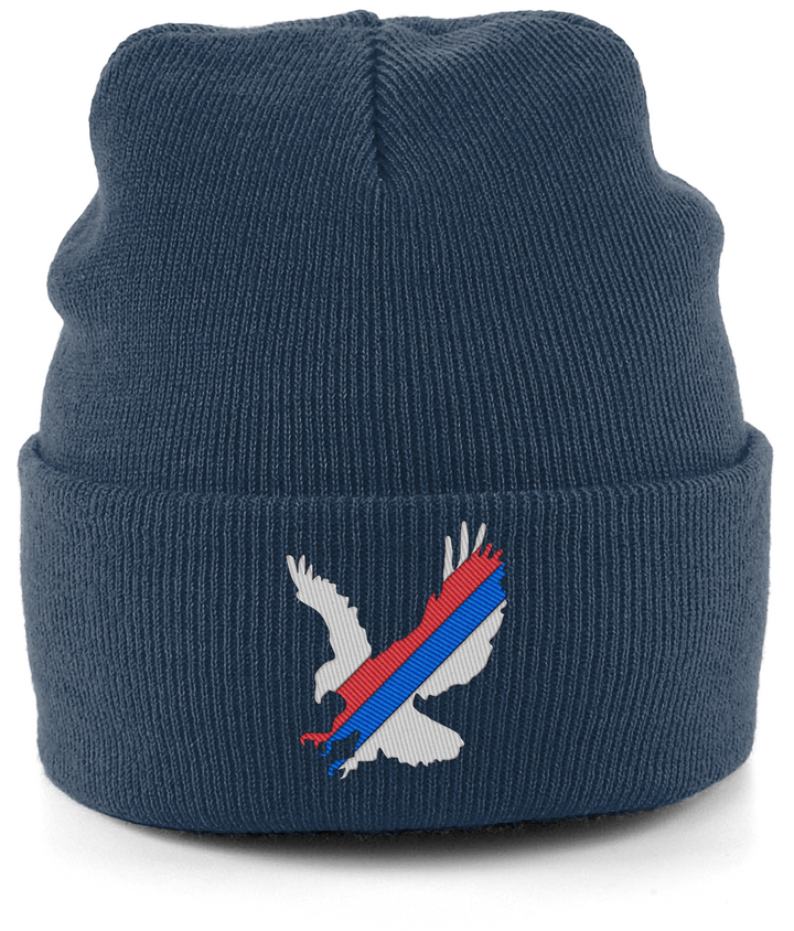 White Eagle Sash embroidered Crystal Palace beanie in French Navy, Legends in Thread
