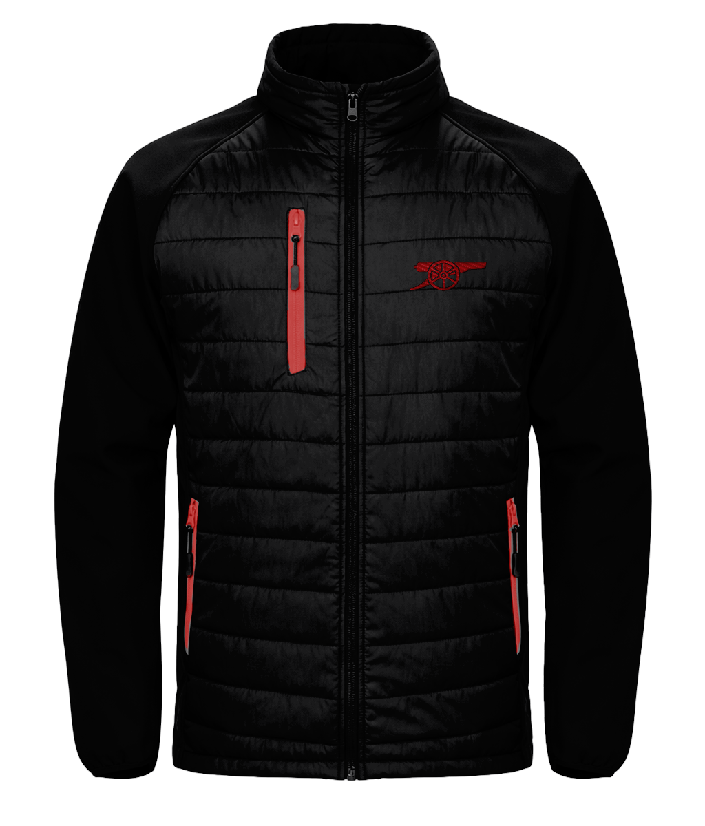 Arsenal Cannon embroidered Arsenal softshell padded jacket in Black/Red, Legends in Thread