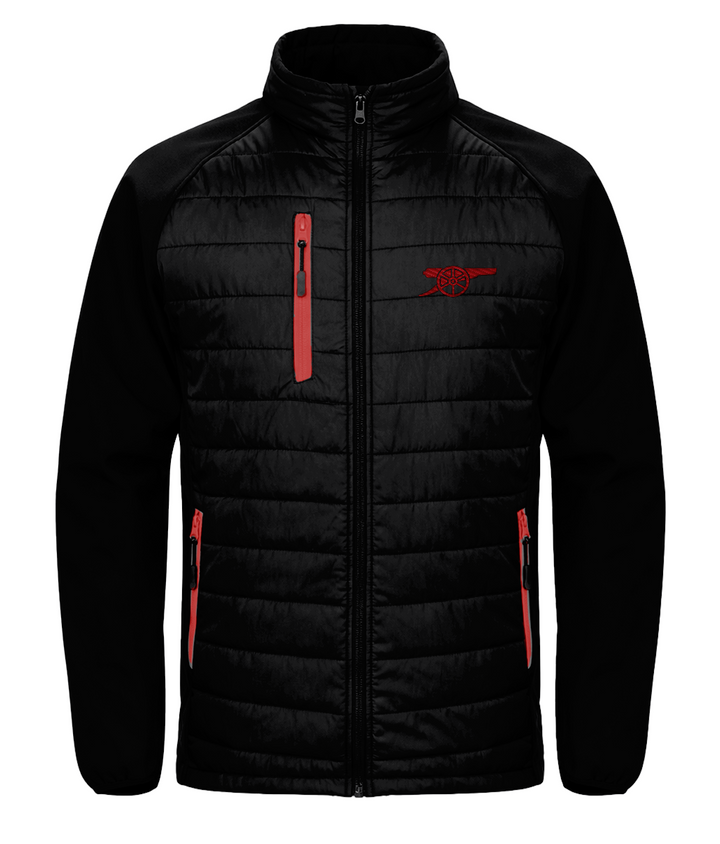 Arsenal Cannon embroidered Arsenal softshell padded jacket in Black/Red, Legends in Thread