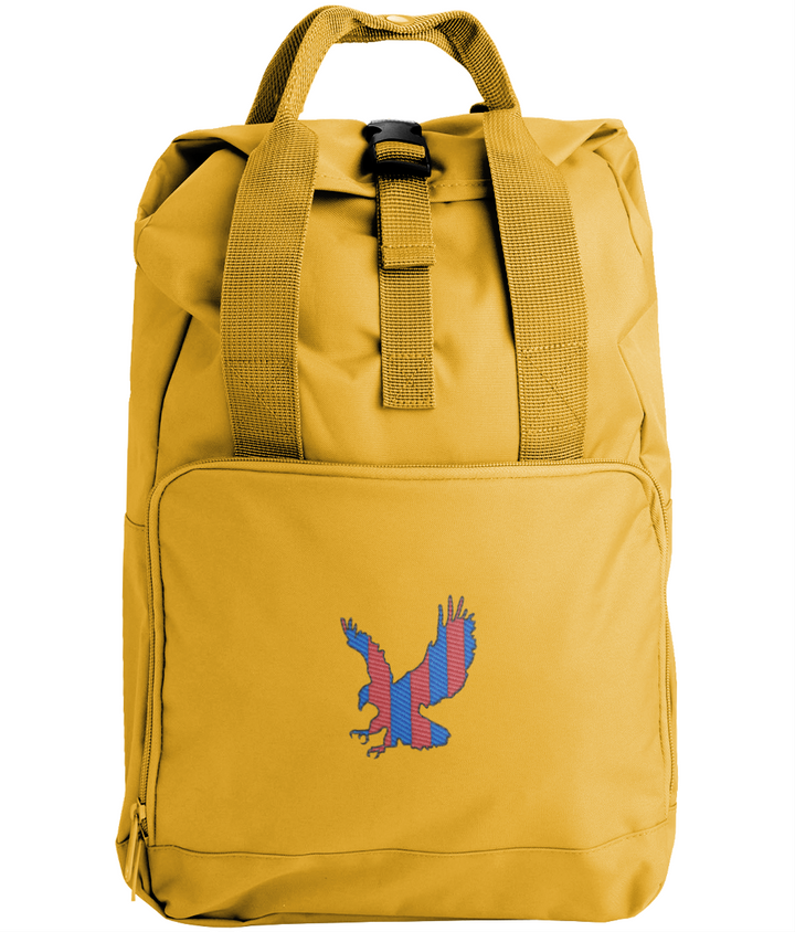 Red and Blue Striped Eagle embroidered Crystal Palace roll-top backpack in Mustard, Legends in Thread