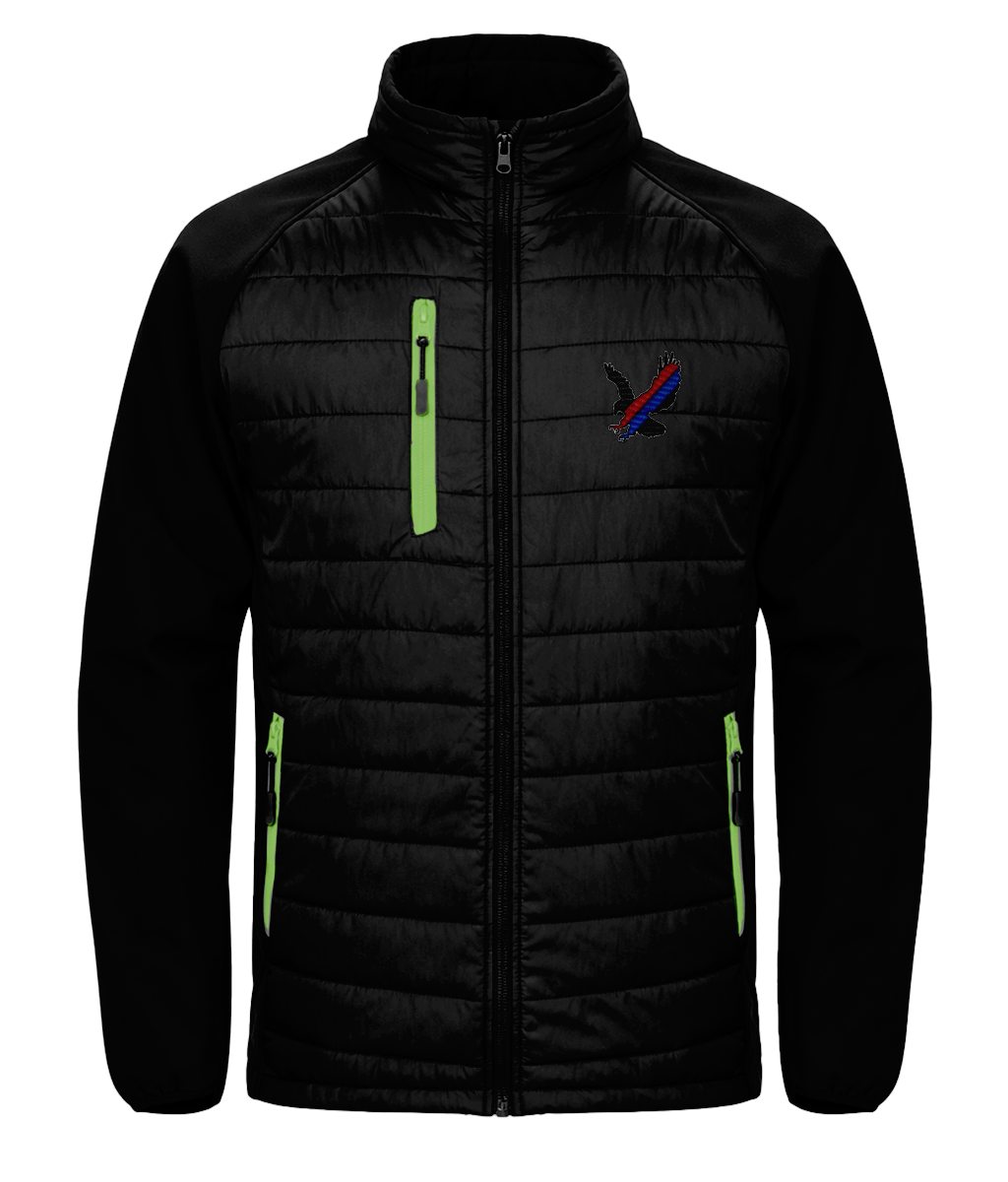 Red and Blue Sash Eagle embroidered Crystal Palace softshell padded jacket in Black/Lime, Legends in Thread