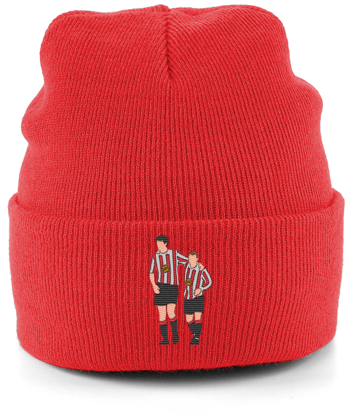 Niall Quinn and Kevin Phillips embroidered Sunderland beanie in Bright Red, Legends in Thread