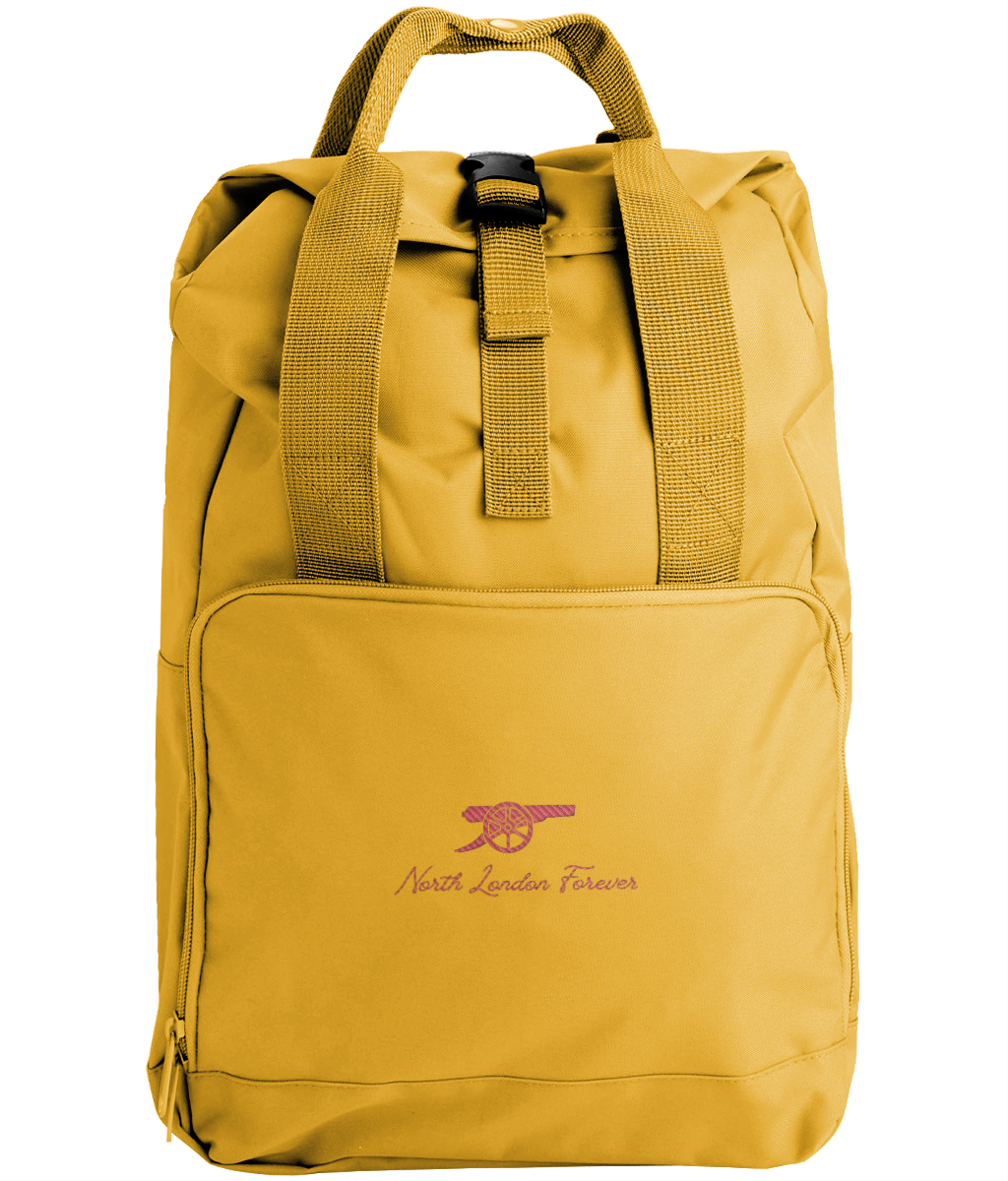 North London Forever embroidered Arsenal roll-top backpack in Mustard, Legends in Thread