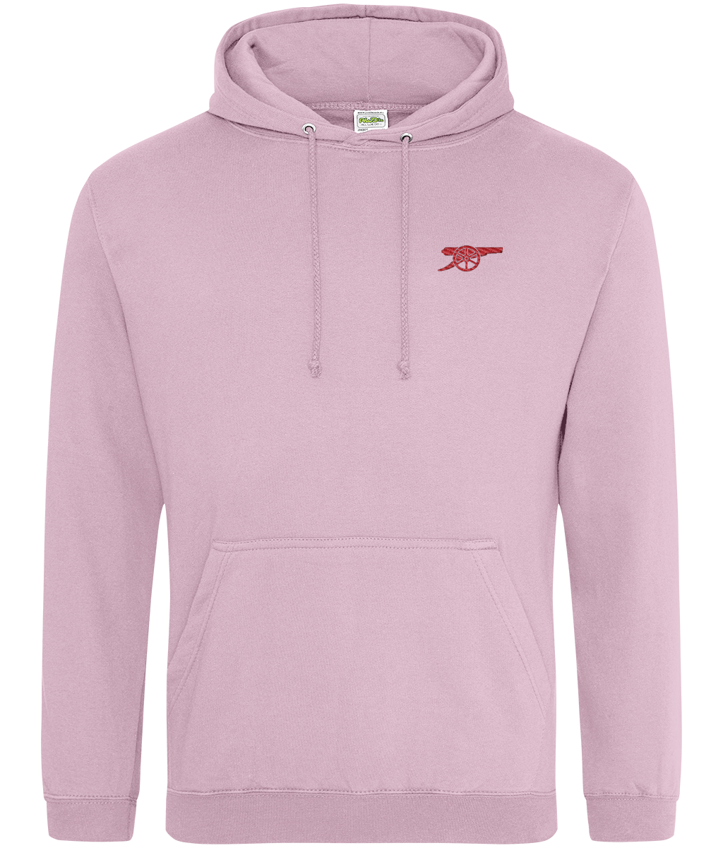 Arsenal Inspired Cannon embroidered Arsenal hoodie in Baby Pink, Legends in Thread