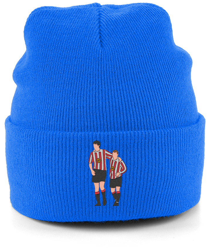 Niall Quinn and Kevin Phillips embroidered Sunderland beanie in Sapphire Blue, Legends in Thread