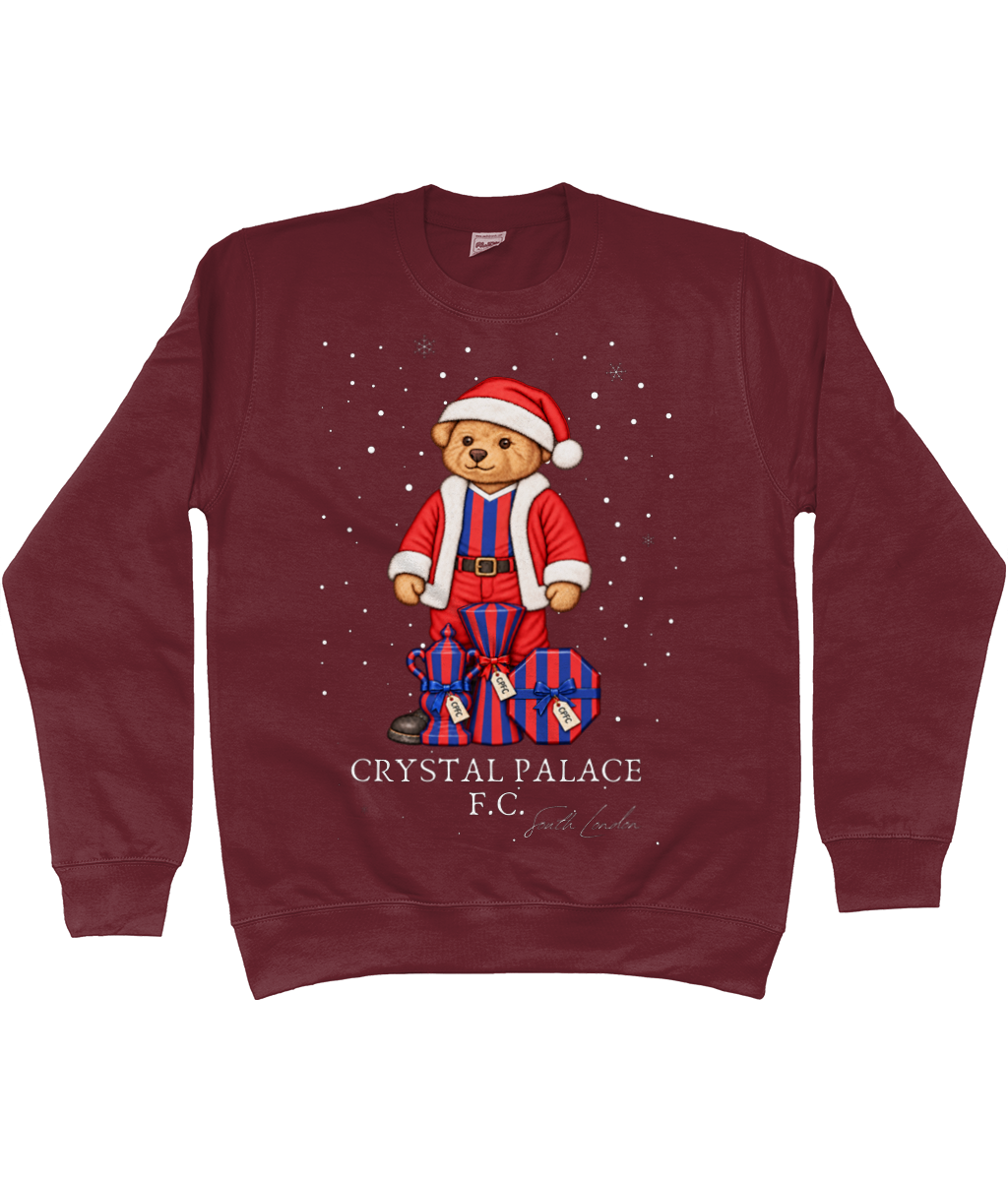 Selby the Bear at Christmas printed Crystal Palace sweatshirt in Burgundy, Legends in Thread