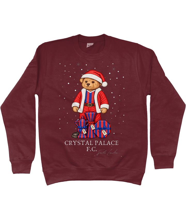 Selby the Bear at Christmas printed Crystal Palace sweatshirt in Burgundy, Legends in Thread
