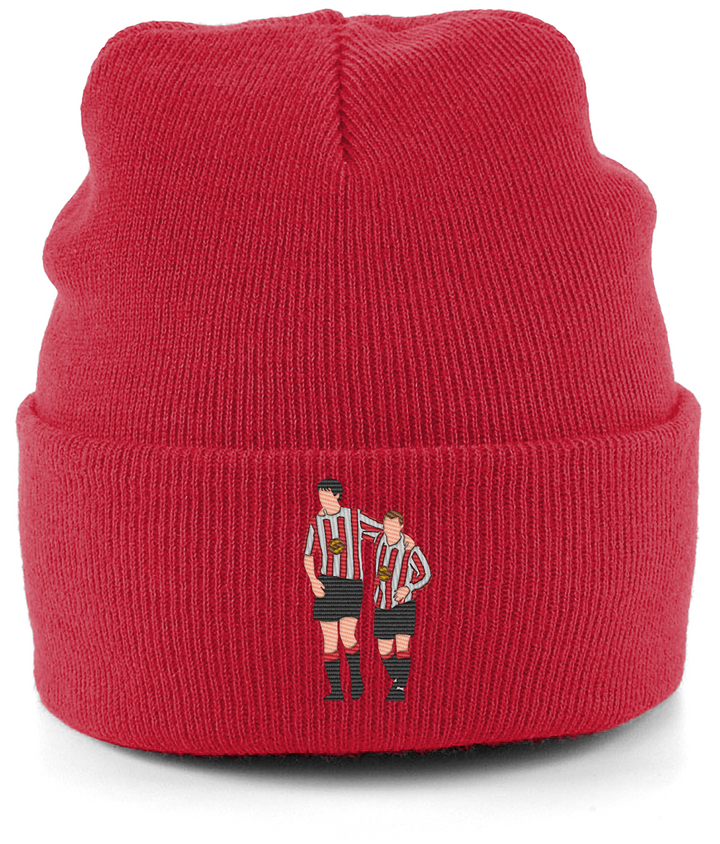 Niall Quinn and Kevin Phillips embroidered Sunderland beanie in Classic Red, Legends in Thread