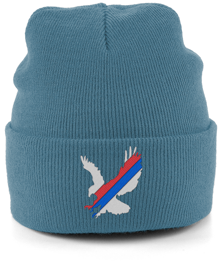 White Eagle Sash embroidered Crystal Palace beanie in Airforce Blue, Legends in Thread