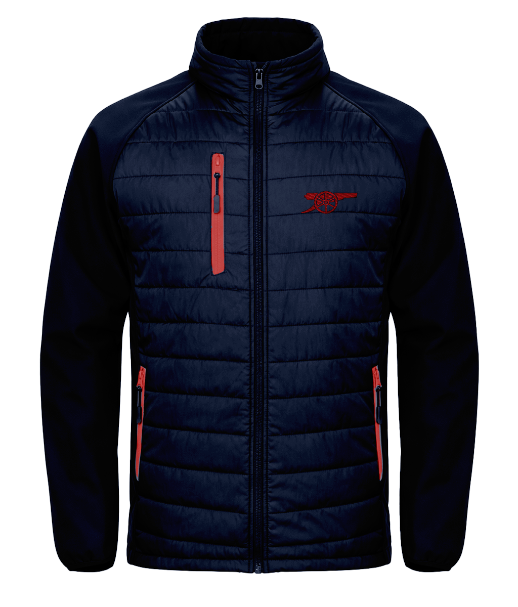 Arsenal Cannon embroidered Arsenal softshell padded jacket in Navy/Red, Legends in Thread