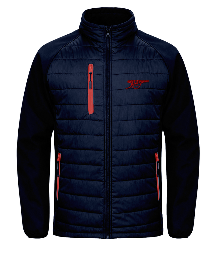 Arsenal Cannon embroidered Arsenal softshell padded jacket in Navy/Red, Legends in Thread