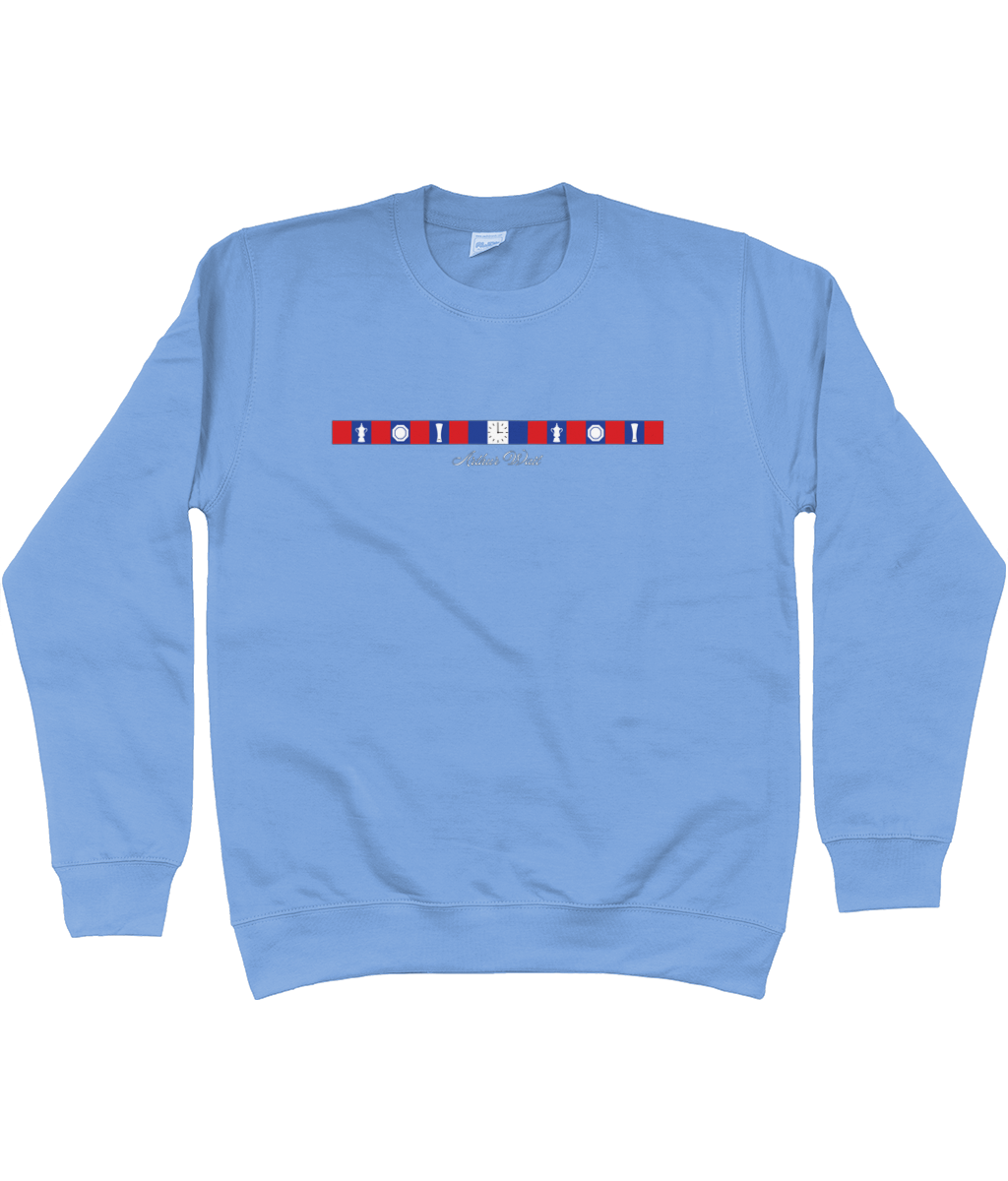 Arthur Wait Fascia Inspired printed Crystal Palace sweatshirt in Cornflower Blue, Legends in Thread