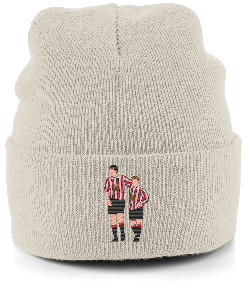 Niall Quinn and Kevin Phillips embroidered Sunderland beanie in Almond, Legends in Thread