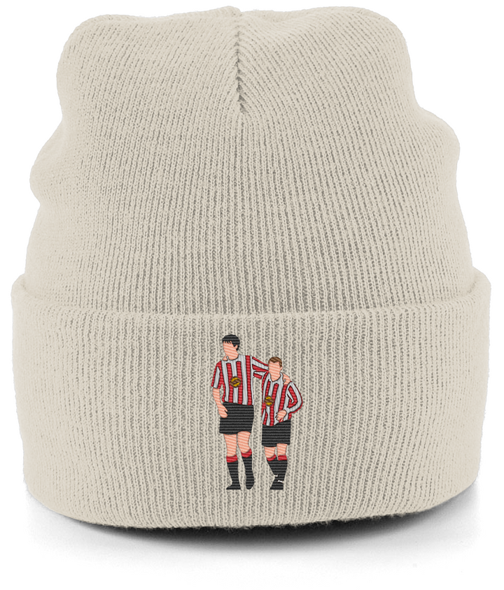 Niall Quinn and Kevin Phillips embroidered Sunderland beanie in Almond, Legends in Thread