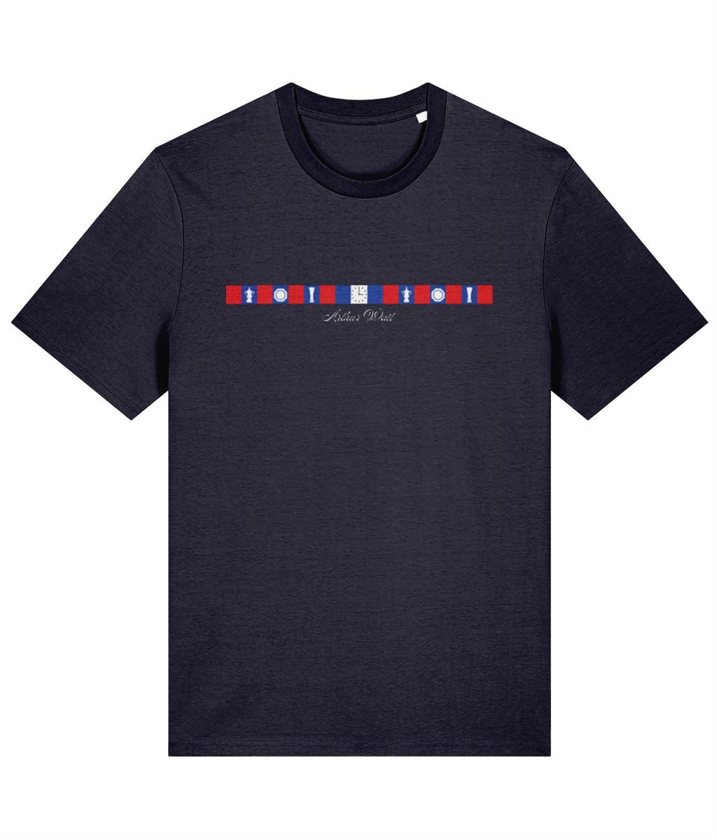 Arthur Wait Fascia printed Crystal Palace cotton tee in French Navy, Legends in Thread