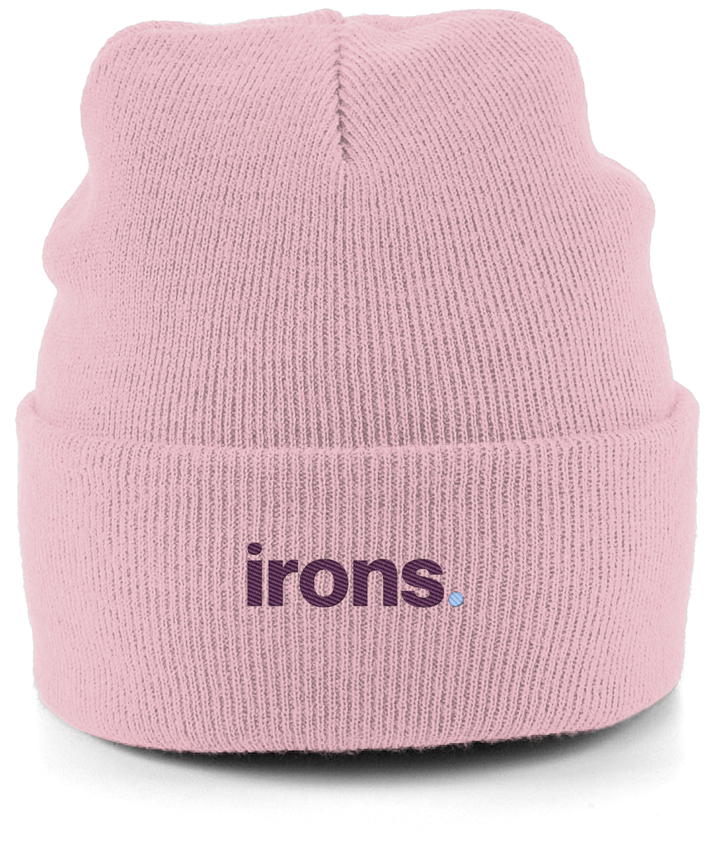 irons. embroidered West Ham beanie in Dusty Pink, Legends in Thread
