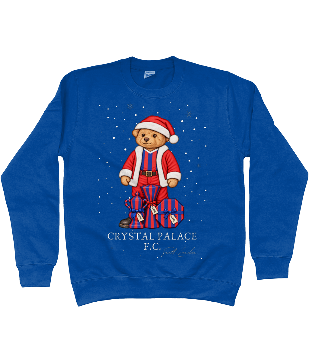 Selby the Bear at Christmas printed Crystal Palace sweatshirt in Royal Blue, Legends in Thread