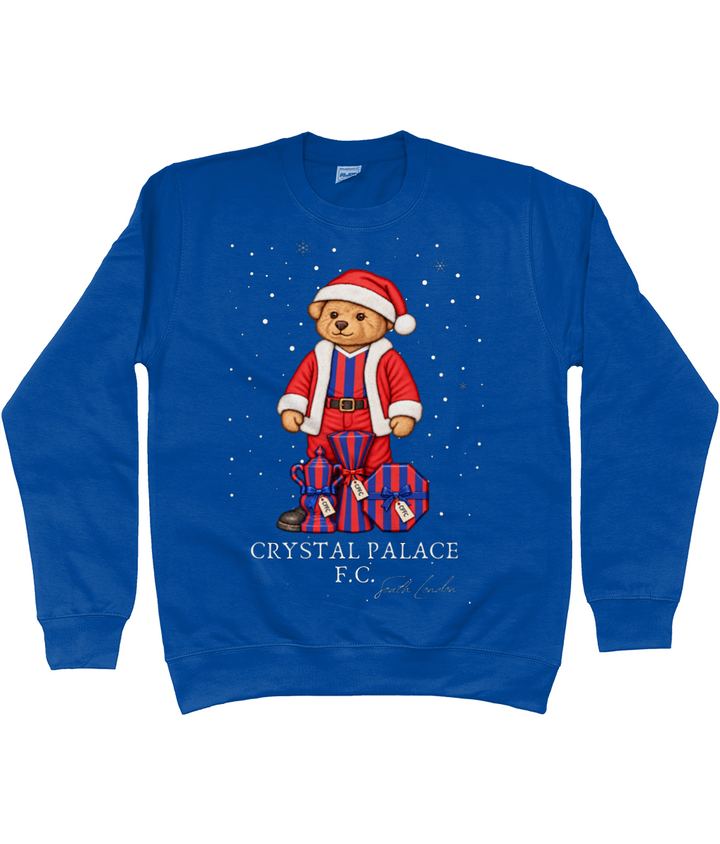 Selby the Bear at Christmas printed Crystal Palace sweatshirt in Royal Blue, Legends in Thread