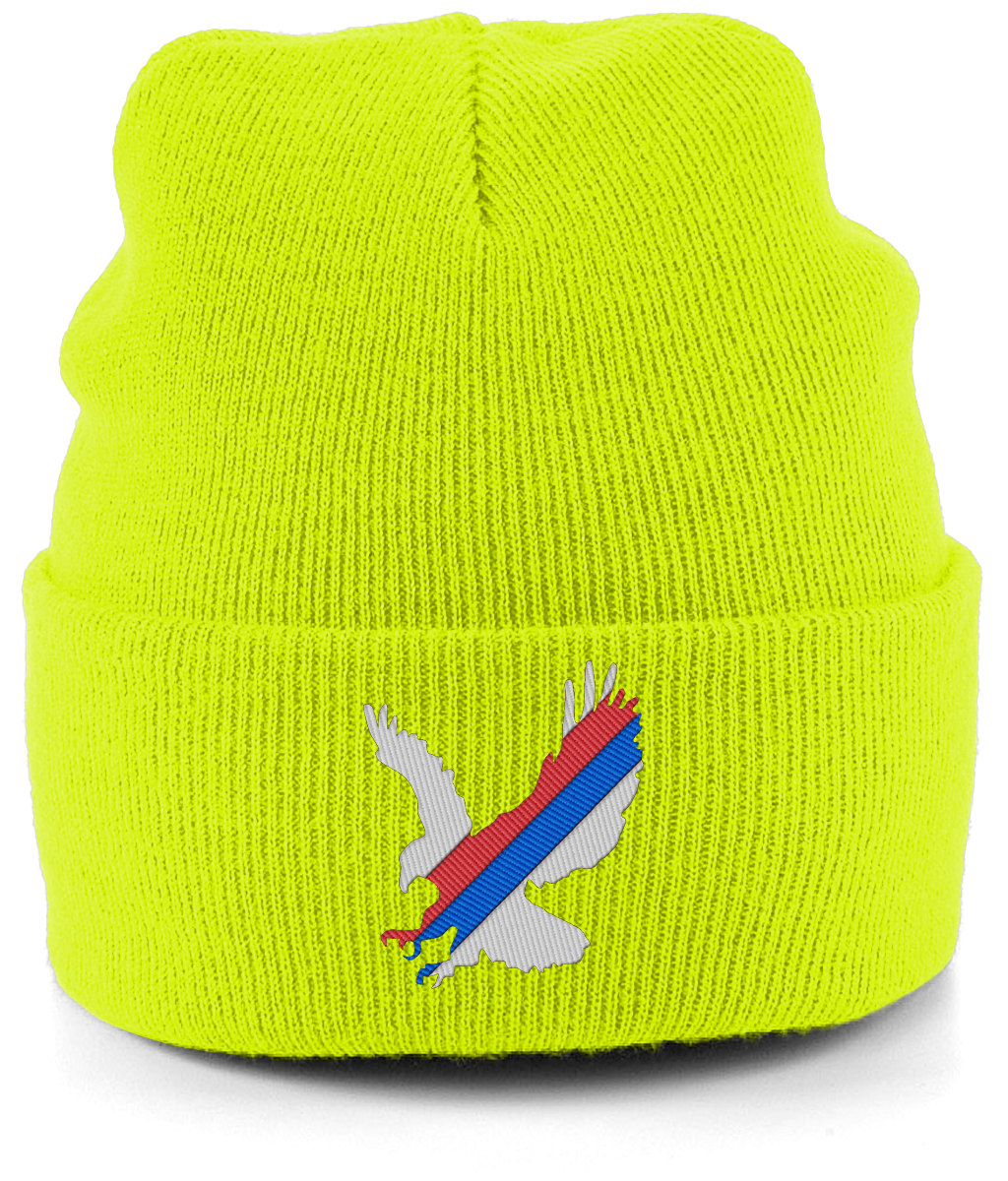 White Eagle Sash embroidered Crystal Palace beanie in Fluorescent Yellow, Legends in Thread